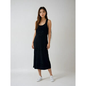 Vintage Y2K Black Rose Embroidered Maxi Dress Leg Slit Size 10 Whimsygoth Grunge